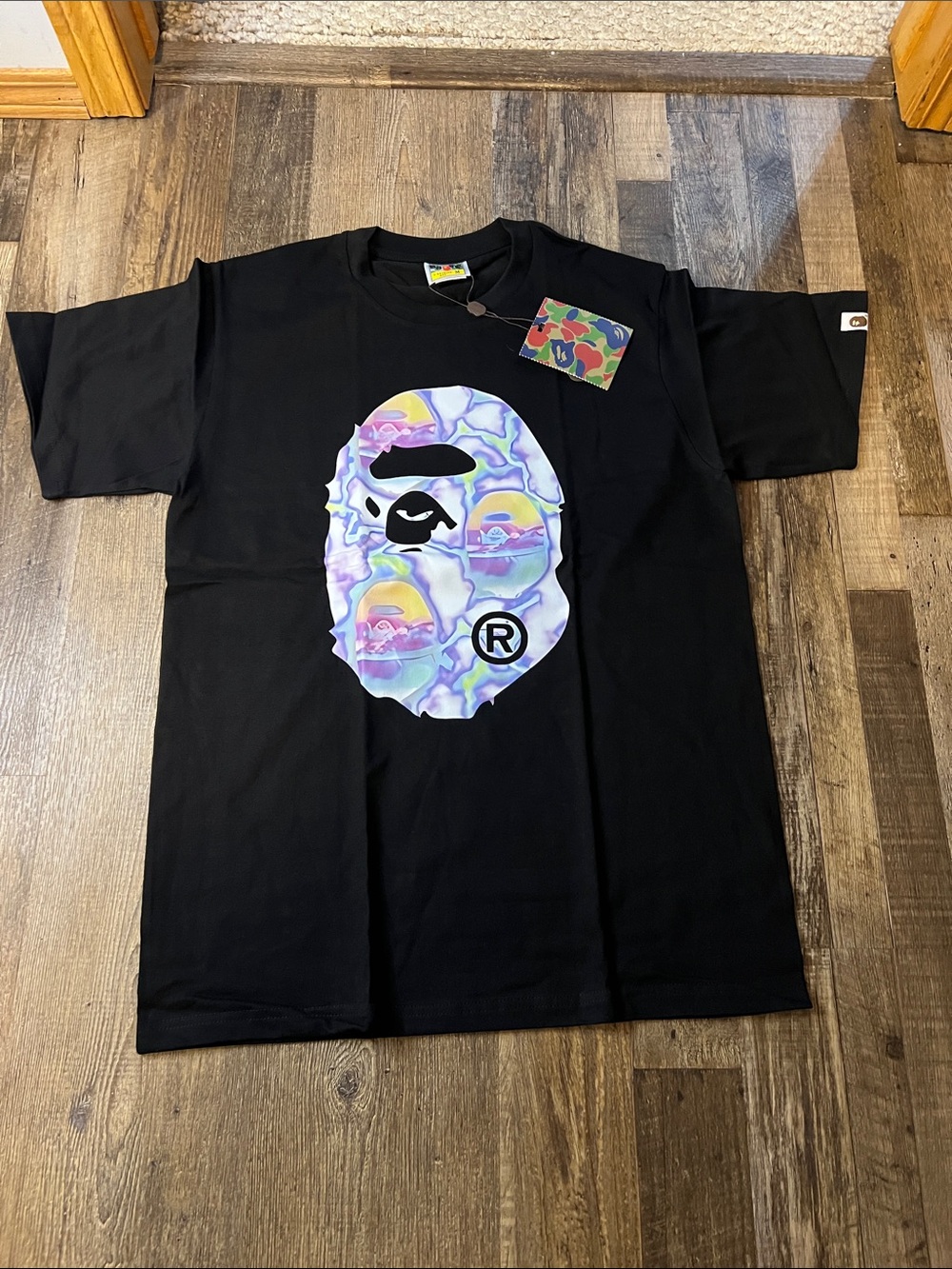 Bape Black Tee with Pastel Multicolor Ape Head Graphic